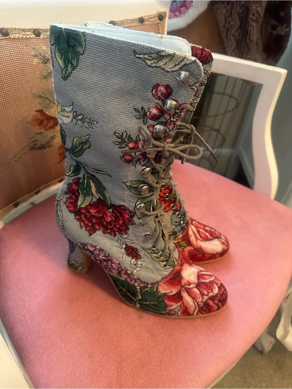 Floral Embroidered Lace-Up Ankle Boots - Red & Green